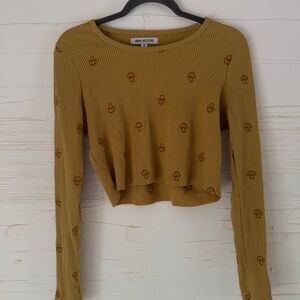 Urban Outfitters | M | Mustard Waffle Knit Crop Top w/ Mushroom Print
